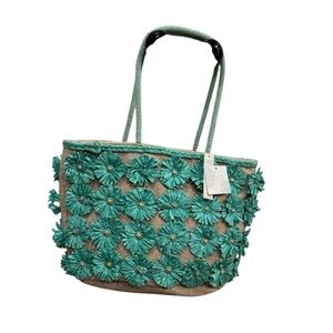 Made in India Tote Bag Raffia Flower Embellishments Beaded Handles Tan & Teal